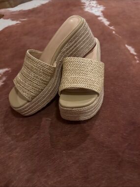 Espadrille Platform Slide Sandals in Natural Beige